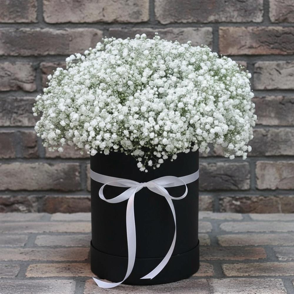 Цветочная композиция из Гипсофила в шляпной коробке в Салаире