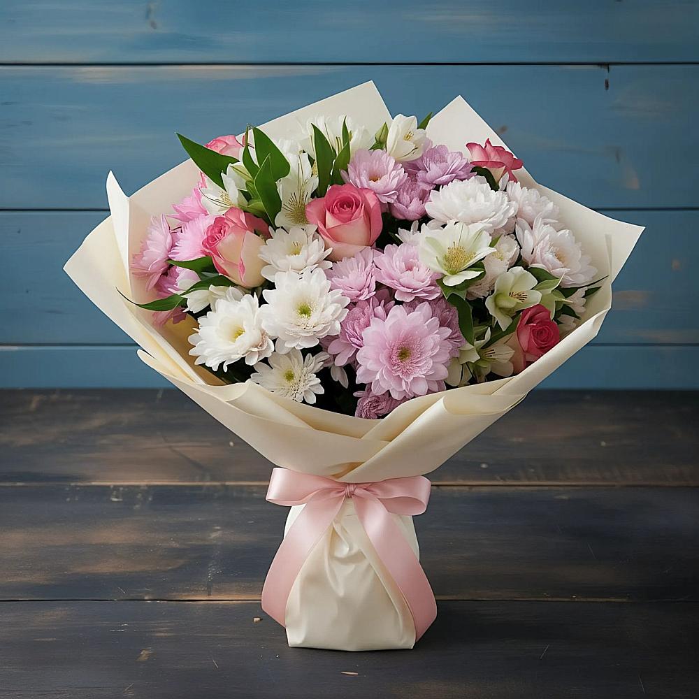 Букет цветов из: Хризантемы, Альстромерии и Розы в Салаире